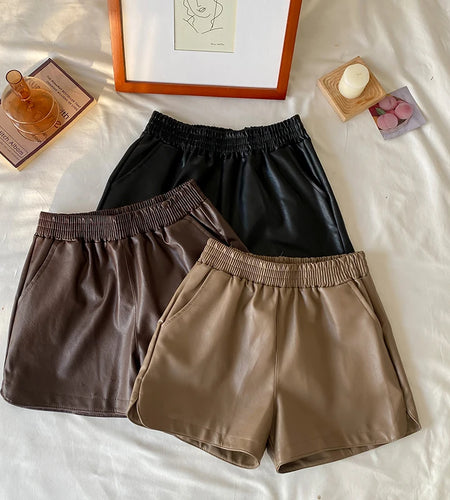 Korean Version Women Elastic High Waist New Black Pu Leather Short Pants Fashion Brown Wide Leg Shorts Autumn Winter Versatile