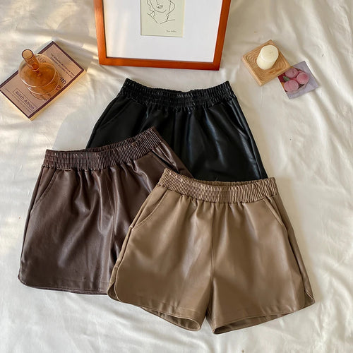 Load image into Gallery viewer, Korean Version Women Elastic High Waist New Black Pu Leather Short Pants Fashion Brown Wide Leg Shorts Autumn Winter Versatile
