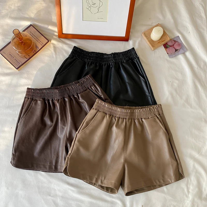 Korean Version Women Elastic High Waist New Black Pu Leather Short Pants Fashion Brown Wide Leg Shorts Autumn Winter Versatile