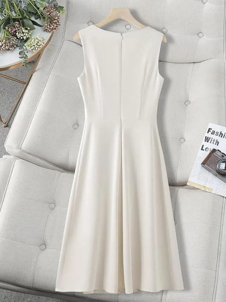 Woman Summer Black Beige Elegant Sleeveless Office Long Dresses Green Round Neck Sexy Zipper Pleated Vest Dress Vestidos Fashion
