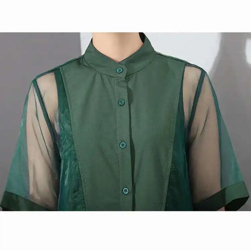 Load image into Gallery viewer, Women Green Organza Irregular Shirt Dress New Stand Collar Half Sleeve Loose Fit Fashion Tide Spring Summer 2025 JT581
