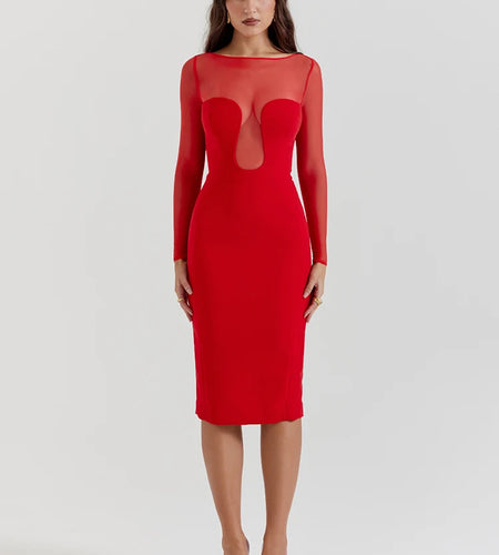 Elegant Strapless Sexy Midi Dress For Women Fashion Sheer Long Sleeve Backless Split Bodycon Club Party Sexy Long Dress