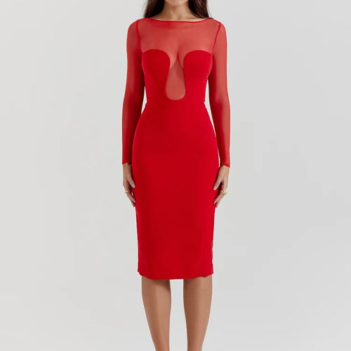 Load image into Gallery viewer, Elegant Strapless Sexy Midi Dress For Women Fashion Sheer Long Sleeve Backless Split Bodycon Club Party Sexy Long Dress
