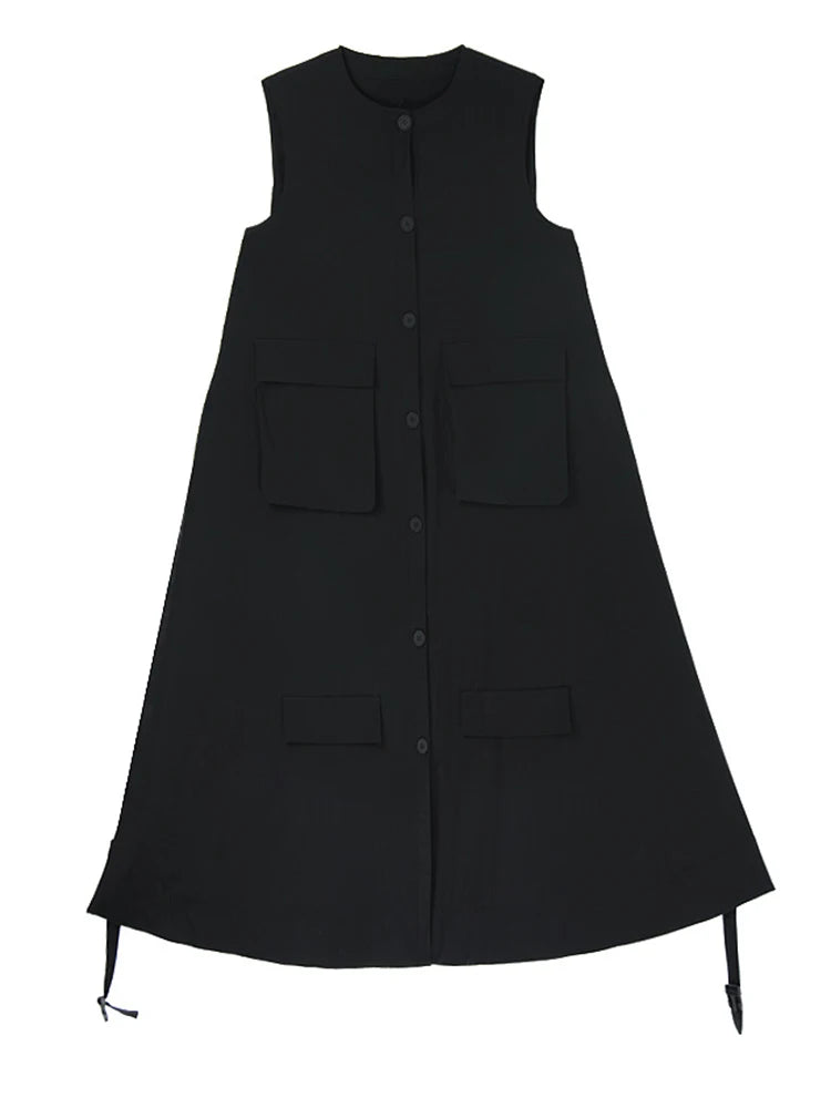 Women Black Pockets Big Size Casual Midi Vest Dress New Round Neck Sleeveless Fashion Tide Spring Autumn 2025 1DJ1167