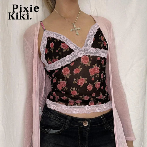 Load image into Gallery viewer, Retro Rose Printed Mesh Sheer Crop Tops for Women Summer Lace Trim V Neck Backless Camis Top French Holiday P67-BF10
