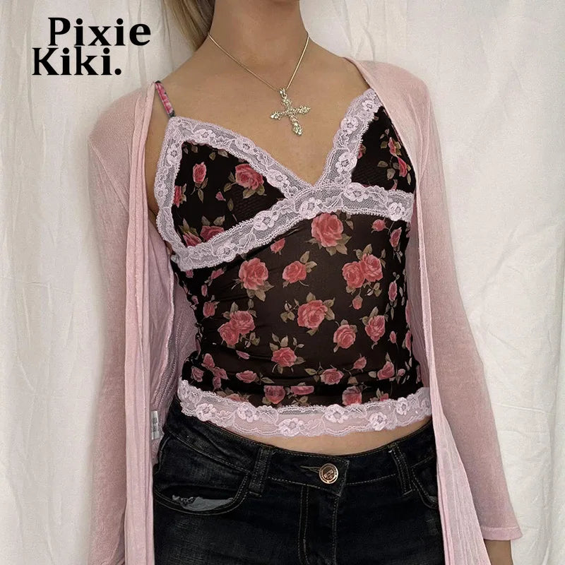 Retro Rose Printed Mesh Sheer Crop Tops for Women Summer Lace Trim V Neck Backless Camis Top French Holiday P67-BF10