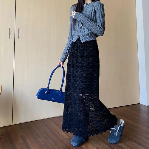 Load image into Gallery viewer, Autumn Winter Vintage White Lace Pleated A-line Split Skirt New Women Black Elegant High Waist Vacation Party Half Long Skirts
