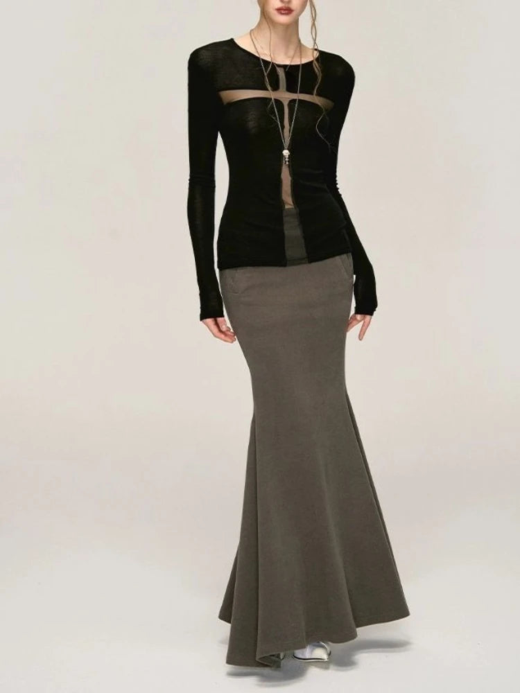 See Through Sexy Black Gothic Tshirts Y2k Aesthetic Cross Gauze Patchwork Women Tees Casual Grunge Harajuku T-shirt Femme