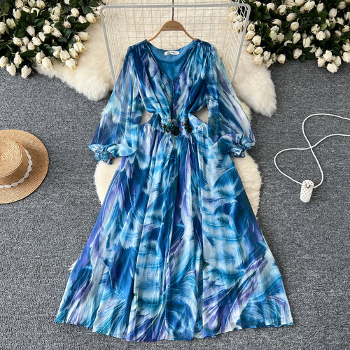 Load image into Gallery viewer, French Women Print Sequin Evening Party Dress Autumn V Neck Elegant Lantern Long Sleeved Temperament Pleated Dress Bohemian Chic
