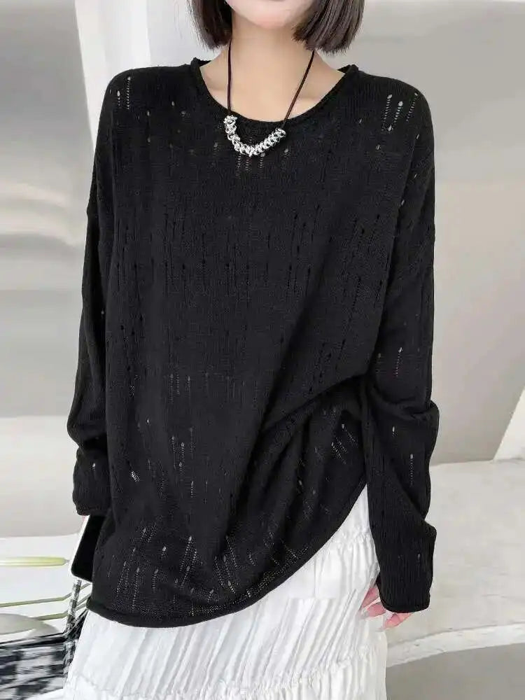 Black Hollow Out Big Size Knitting Sweater Round Neck Long Sleeve Women Pullovers New Fashion Spring Autumn 2025 1DJ0057