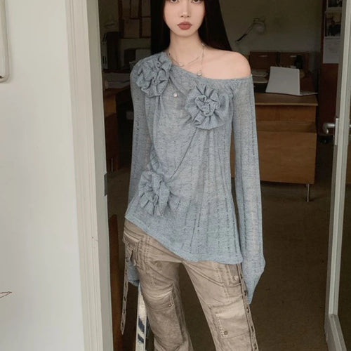 Load image into Gallery viewer, 2025 Y2k Aesthetic Vintage Solid Knitted Tees Spring Streetwear 3D Flower Tshirts Women Harajuku Grunge Skew Collar Grunge Tops
