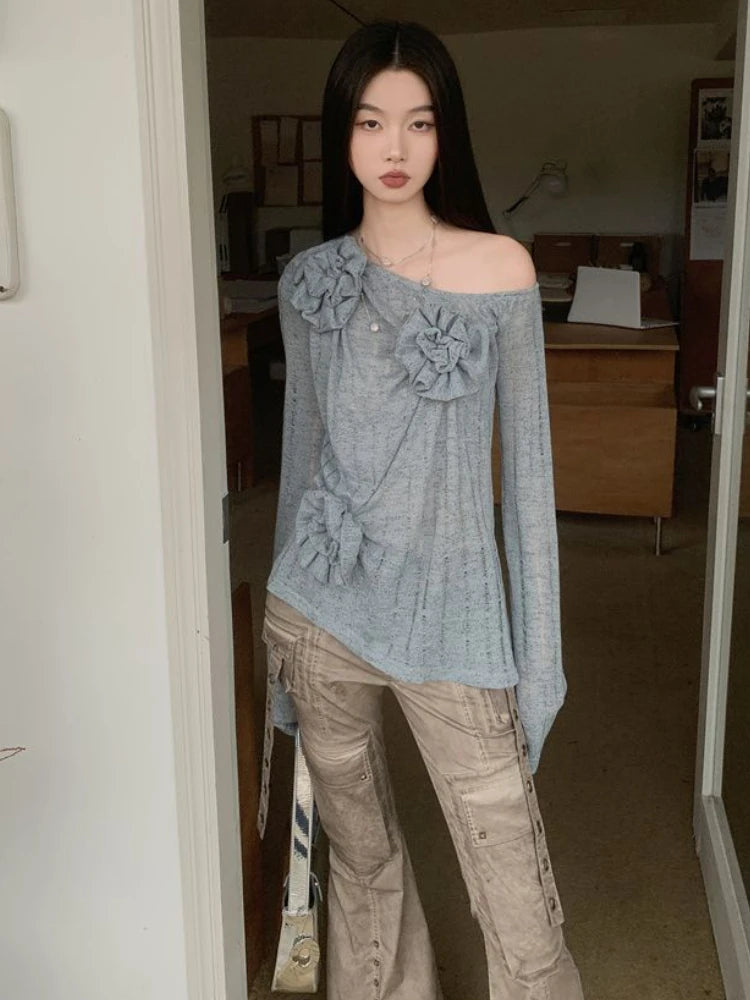 2025 Y2k Aesthetic Vintage Solid Knitted Tees Spring Streetwear 3D Flower Tshirts Women Harajuku Grunge Skew Collar Grunge Tops