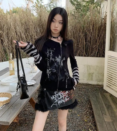 Ropa Mujer Harajuku Woman Tshirts Patchwork Striped Print Punk Tees Y2k Tops Casual Fashion Zipper T Shirt Fashion T-shirts