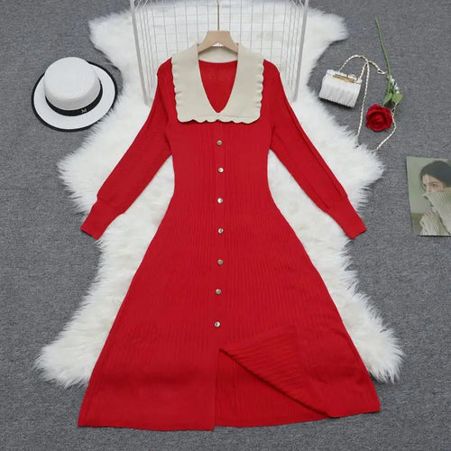 Load image into Gallery viewer, Vintage Autumn 2024 New Women's Patchwork Single Breasted Knit Dresses French Elegant Festival Slim Long Sleeve Dress Streetwear
