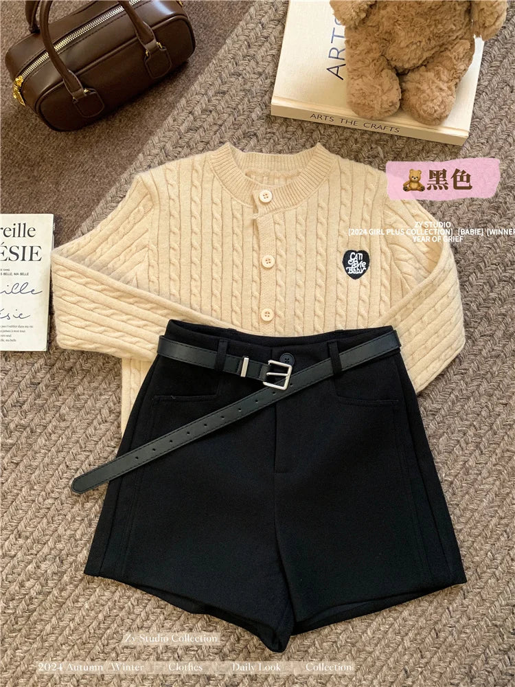 Korean 2024 New Women's Black Grey A-line Woolen Shorts Green High Waisted Thickshort Pants Autumn Winter Casual Versatile Trend