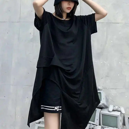 Load image into Gallery viewer, Women Black Asymmetric Hem Casual Big Size T-shirt New Round Neck Short Sleeve Fashion Tide Spring Summer 2025 1DF4786
