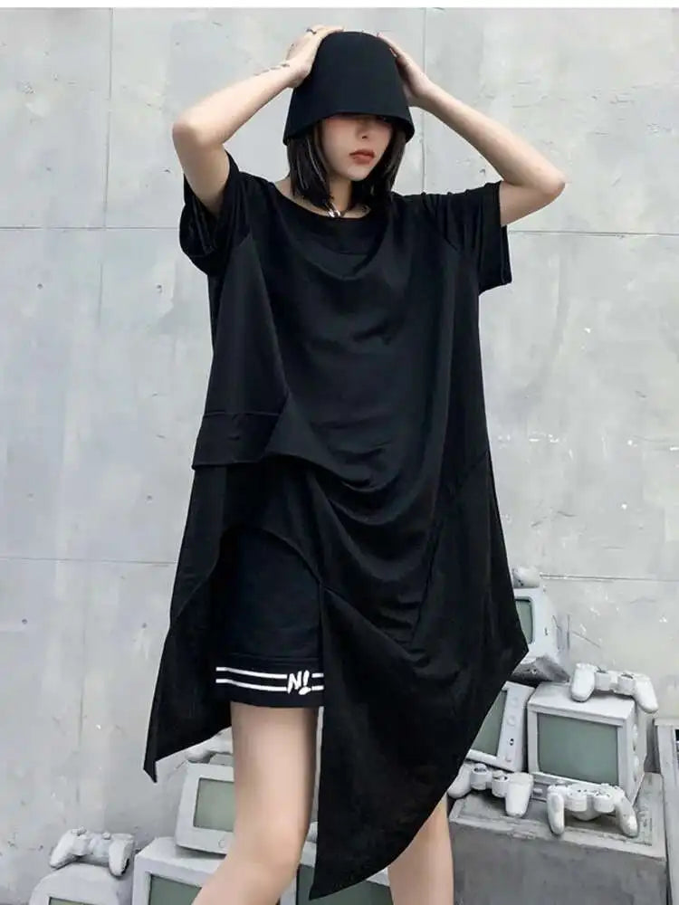 Women Black Asymmetric Hem Casual Big Size T-shirt New Round Neck Short Sleeve Fashion Tide Spring Summer 2025 1DF4786