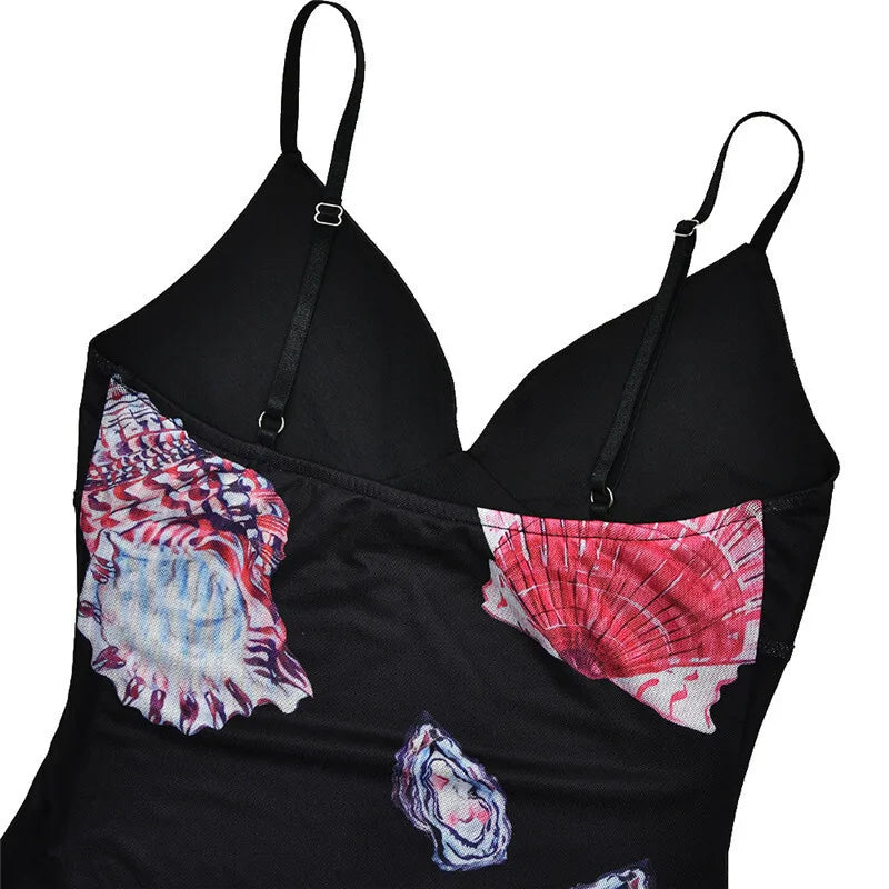 Spaghetti Strap Floral Print Mini Dress For Women Robe Summer New V Neck Sleeveless Backless Print Beach Holiday Dress