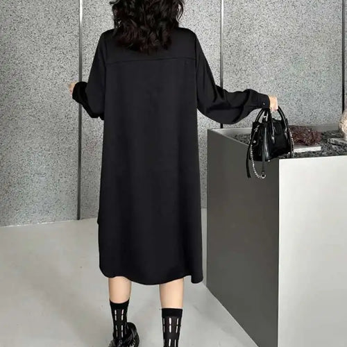 Load image into Gallery viewer, Women Black Irregular Hem Buckle Tassels Elegant Shirt Dress New Lapel Long Sleeve Fashion Tide Spring Autumn 2025 1DH4457
