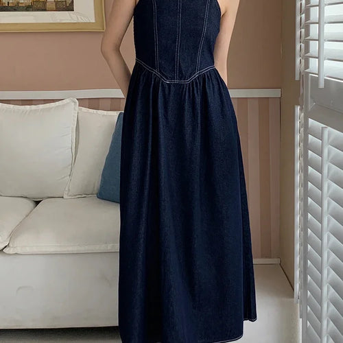 Load image into Gallery viewer, Solid Color Slim Waist Female Strapless Dress Casual Office Ladies Washed Blue Sleeveless Slash Neck Elegant Women Dress
