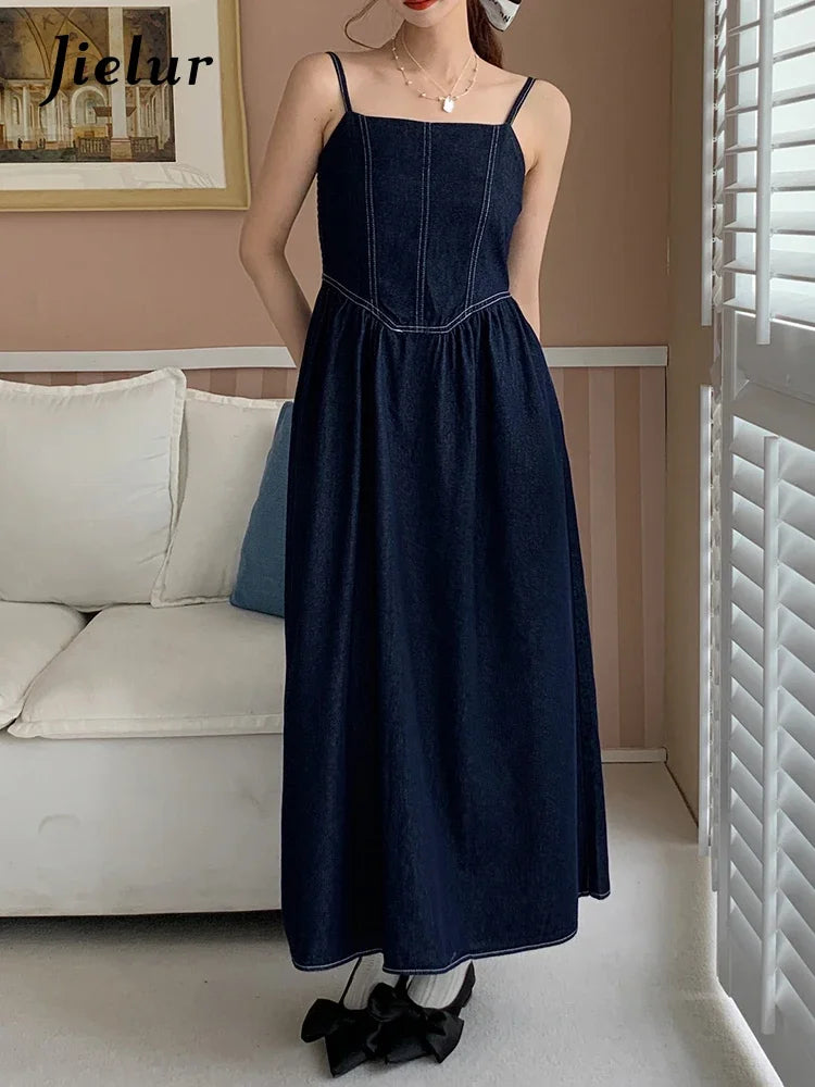 Solid Color Slim Waist Female Strapless Dress Casual Office Ladies Washed Blue Sleeveless Slash Neck Elegant Women Dress