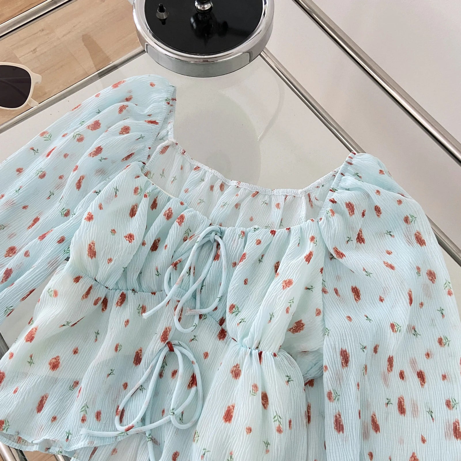 French Vintage Women's Blue Strawberry Print Blouse Spring Autumn Flared Long Sleeves Square Neck Ladies Lace-up Short Shirt New