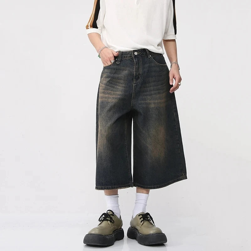 Men's Summer New Jeans Korean Style Loose Wide Leg Flare Denim Pants Male Fashion Washed Cropped Trousers Tide 9A8825