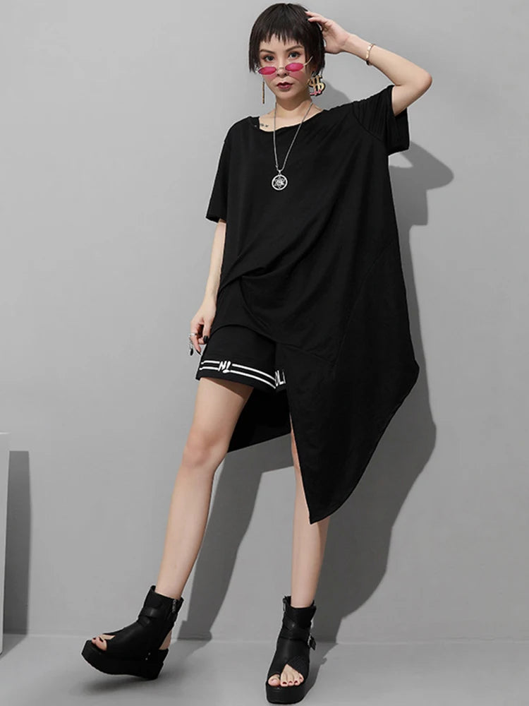 Women White Irregular Hem Big Size Casual Long T-shirt New Round Neck Short Sleeve Fashion Tide Spring Summer 2025 1DJ1802
