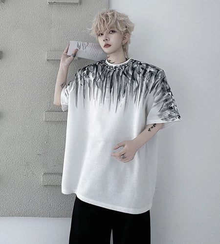 Men's T-shirts New Summer Round Neck Nail Bead Drawn Pattern Loose Male Short Sleeved Pullover Casual Menwear 9W1795