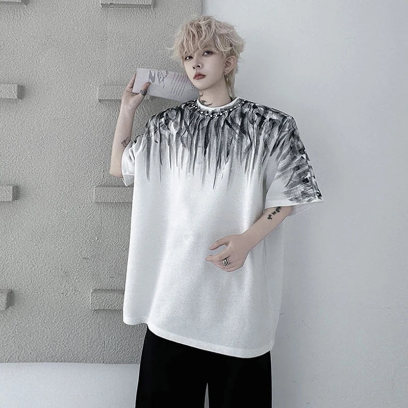 Men's T-shirts New Summer Round Neck Nail Bead Drawn Pattern Loose Male Short Sleeved Pullover Casual Menwear 9W1795