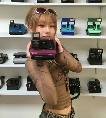 Japanese Y2k Mesh Tops Vintage Harajuku Letter Print Long Sleeve T-shirt 2000s Grunge Aesthetics Sheer Tops American 90s