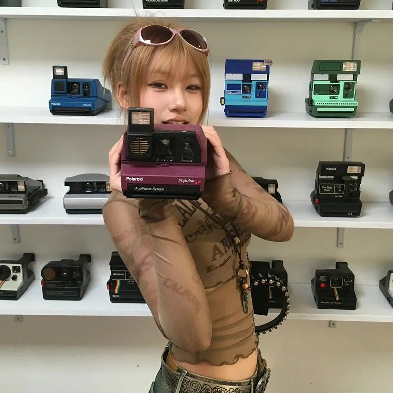 Japanese Y2k Mesh Tops Vintage Harajuku Letter Print Long Sleeve T-shirt 2000s Grunge Aesthetics Sheer Tops American 90s