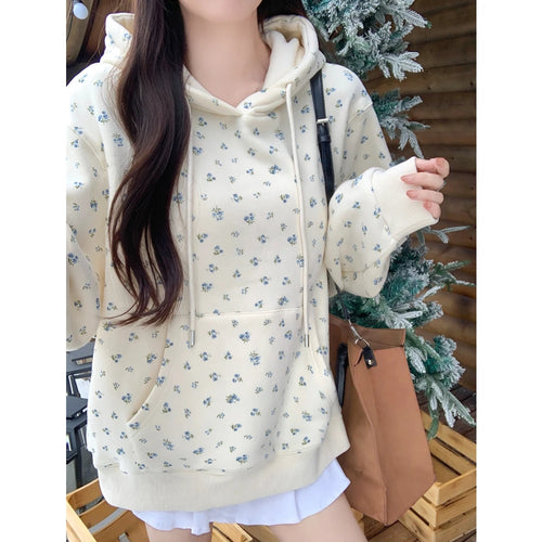 Load image into Gallery viewer, Korean Version Autumn Winter New Beige Print Long Sleeved Cotton Tops Women's Plush Velvet Pocket Hoodie Sweatershirt Thick Chic
