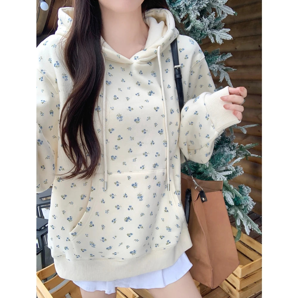 Korean Version Autumn Winter New Beige Print Long Sleeved Cotton Tops Women's Plush Velvet Pocket Hoodie Sweatershirt Thick Chic