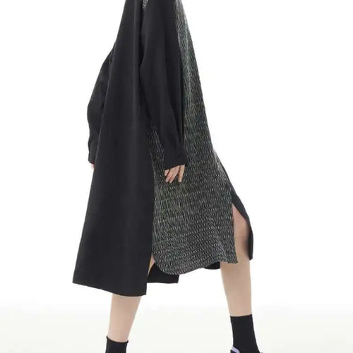 Load image into Gallery viewer, Women Black Color-block Big Size Midi Shirt Dress New Lapel Long Sleeve Loose Fit Fashion Tide Spring Autumn 2025 1DH2095
