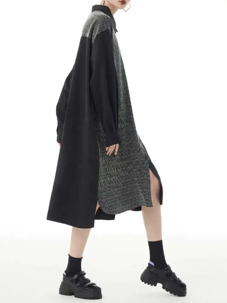Women Black Color-block Big Size Midi Shirt Dress New Lapel Long Sleeve Loose Fit Fashion Tide Spring Autumn 2025 1DH2095