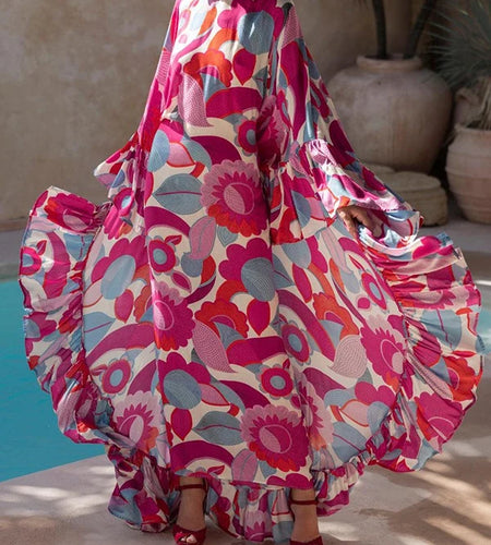 Summer Long Dresses 2025 Woman Spring Batwing Sleeves Loose Flower Print Elegant Wedding Party Vacation Maxi Dresses