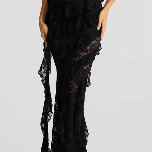 Load image into Gallery viewer, Lace Backless Sexy Maxi Dress Women Gown Halter Lace-up Sleeveless Bodycon Elegant Ruffle Beach Club Long Dress 2025
