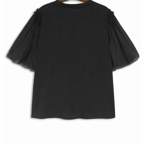 Load image into Gallery viewer, Women Apricot Mesh Spliced Big Size Elegant T-shirt New Round Neck Short Puff Sleeve Fashion Spring Summer 20251DJ0891
