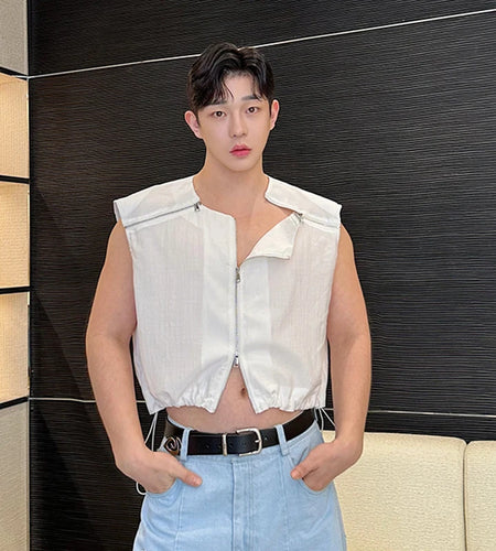Versatile Deconstructed Male Vest Zipper Patchwork Drawstring Sun-proof Sleeveless T-shirt Summer Trendy 9C5943
