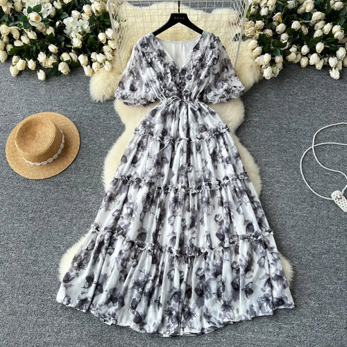 Load image into Gallery viewer, French Retro Women Floral Temperament V Neck Short Sleeved Ruffles Long Dress Summer Elegant Lace-up Party Pleated Dresses Boho
