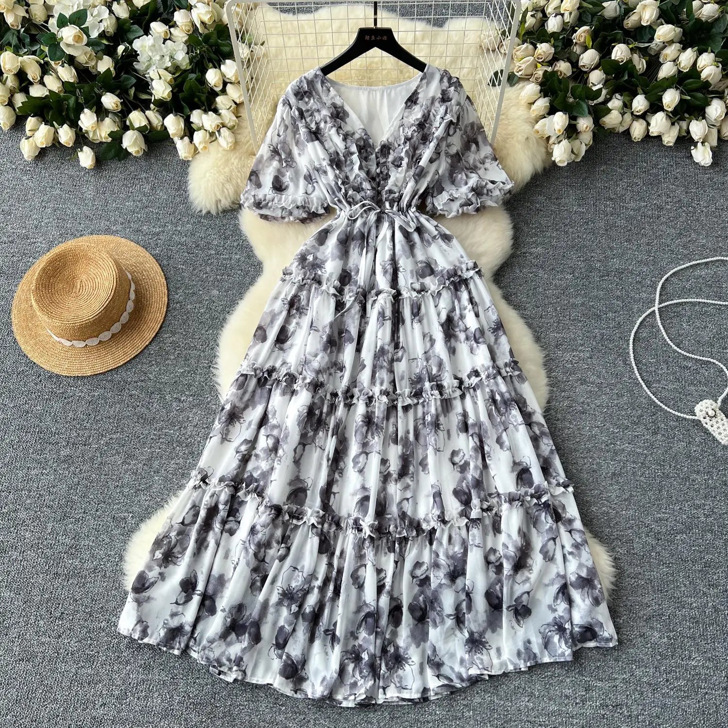 French Retro Women Floral Temperament V Neck Short Sleeved Ruffles Long Dress Summer Elegant Lace-up Party Pleated Dresses Boho