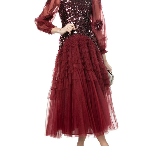 Load image into Gallery viewer, Solid Spliced Sequines Slimming Dresses For Women O Neck Long Sleeve High Waist Temperament Dress Female Fashion
