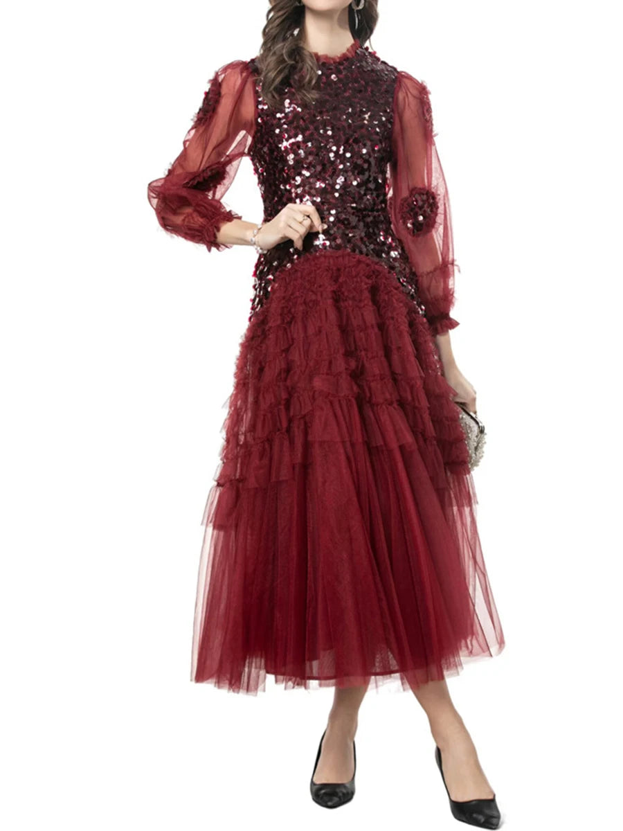 Solid Spliced Sequines Slimming Dresses For Women O Neck Long Sleeve High Waist Temperament Dress Female Fashion