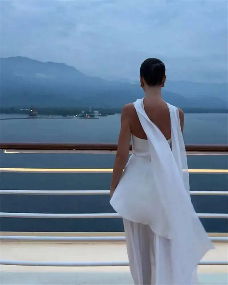 Elegant Strapless Sexy Maxi Dress For Women Gown With Scarf Off-shoulder Sleeveless Backless Split Beach Long Dress