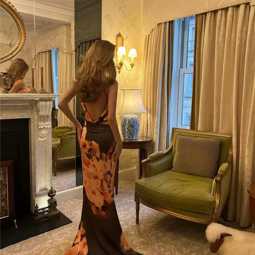 Load image into Gallery viewer, Satin Floral Print Sexy Maxi Dress Women Gown Elegant Spaghetti Strap Sleeveless Backless Bodycon Evening Club Dress
