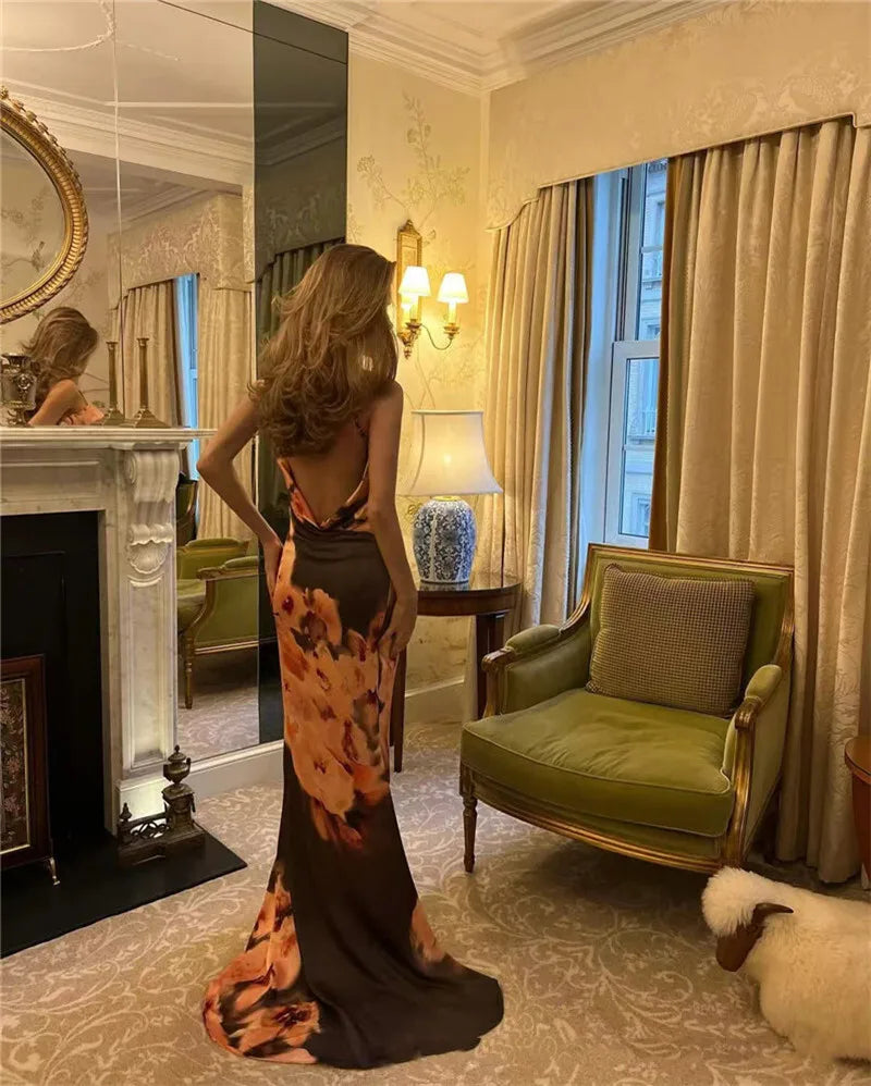 Satin Floral Print Sexy Maxi Dress Women Gown Elegant Spaghetti Strap Sleeveless Backless Bodycon Evening Club Dress