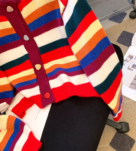 Korean 2024 Autumn Winter New Fashion Rainbow Stripe Knitted Cardigan Tops Women's Round Neck Single Breasted Short Sweater Chic