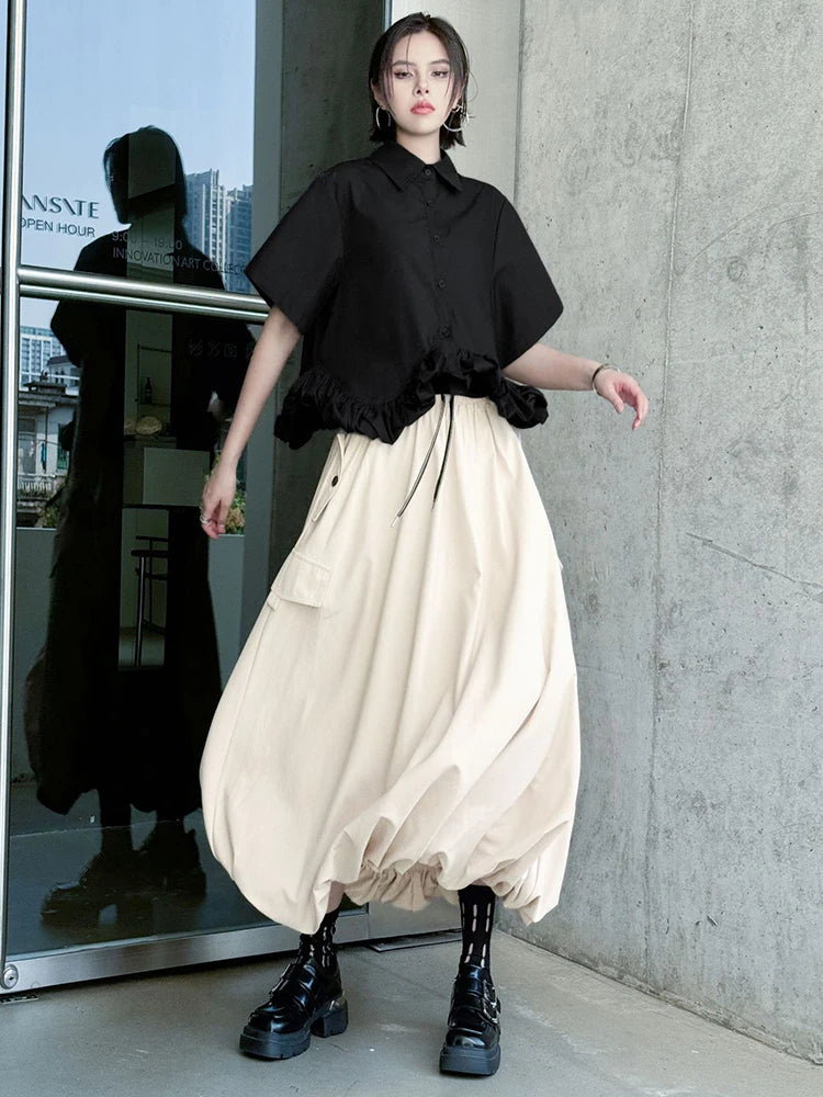 High Elastic Waist Apricot Drawstring Casual Bud Half-body Skirt Women Fashion Tide New Spring Autumn 2025 1DJ0634