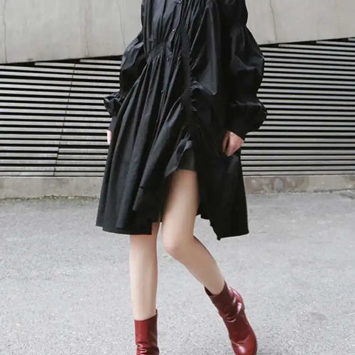 Load image into Gallery viewer, Women Blue Irregular Pleated Big Hem Shirt Dress New Stand Neck Long Sleeve Loose Fashion Tide Spring Autumn 2025 1DF9549
